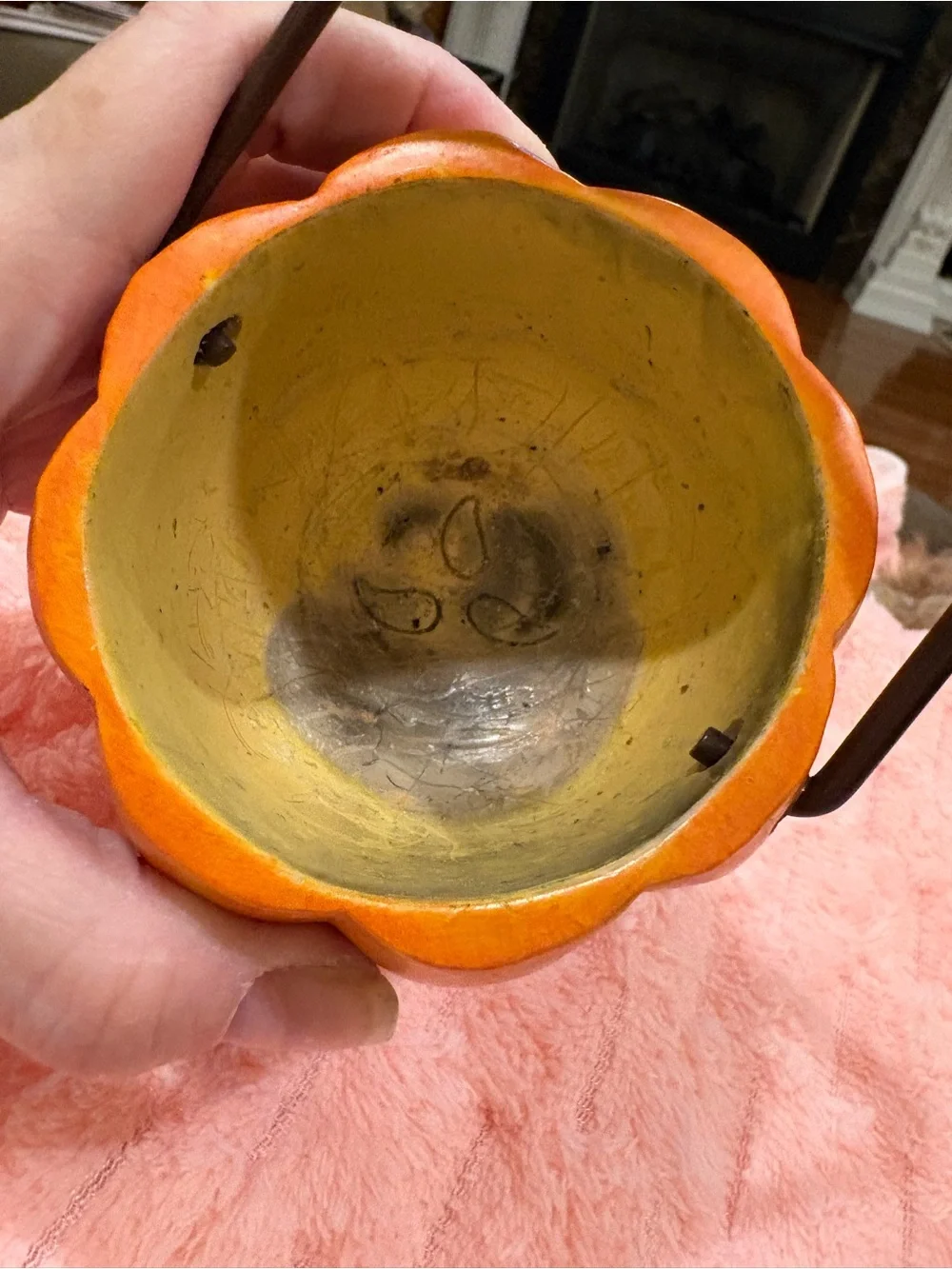 Russ Berrie Orange Pumpkin Basket with Dark Brown Handle